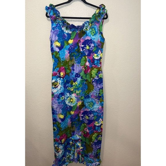 VTG 70’s Floral Hawaiian Ruffle Dress Sun Fashions Of Hawaii Honolulu Size 14 - Picture 1 of 10